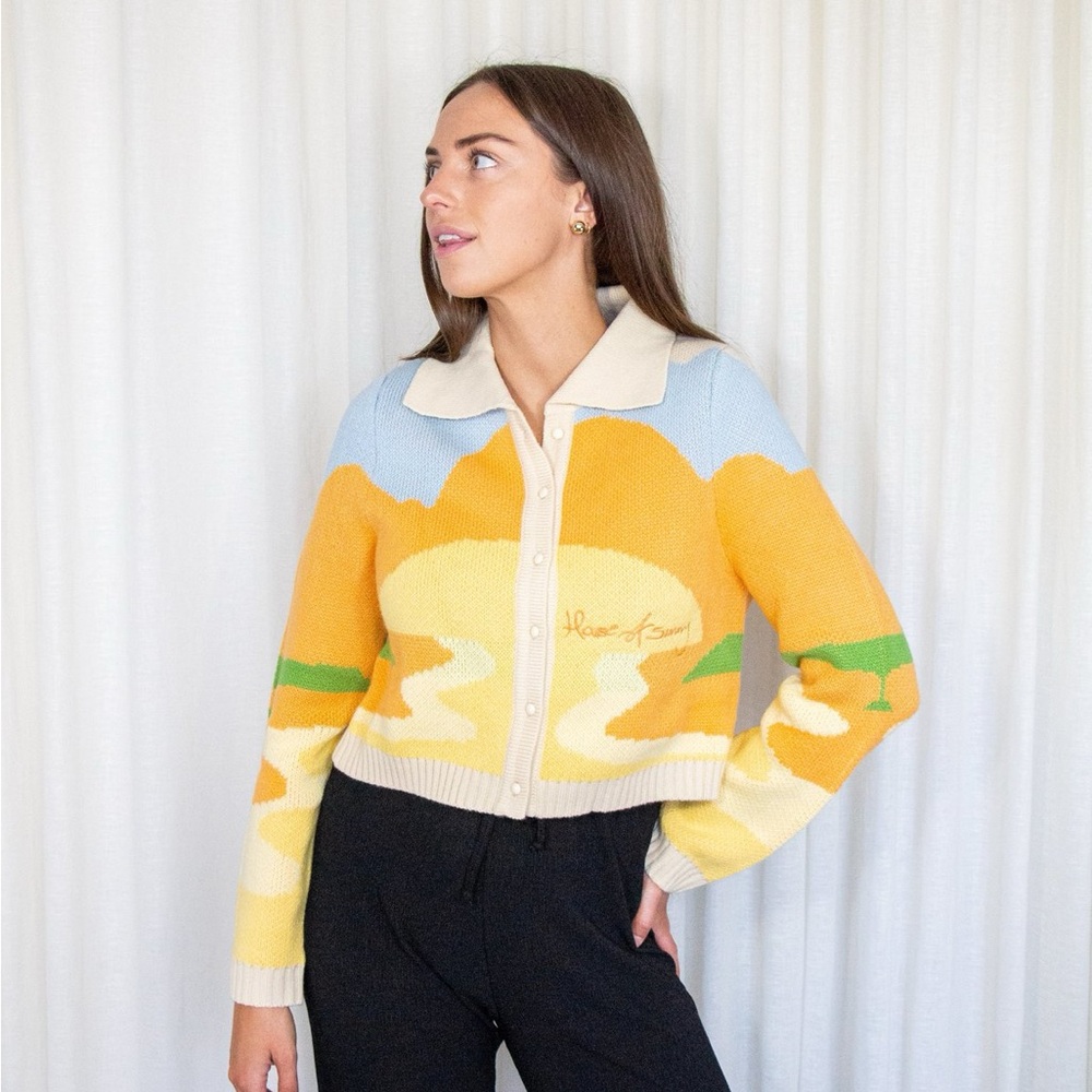 House of Sunny Multicolor Scenic Knit Cardigan — Yellow, Blue, Cream, Green